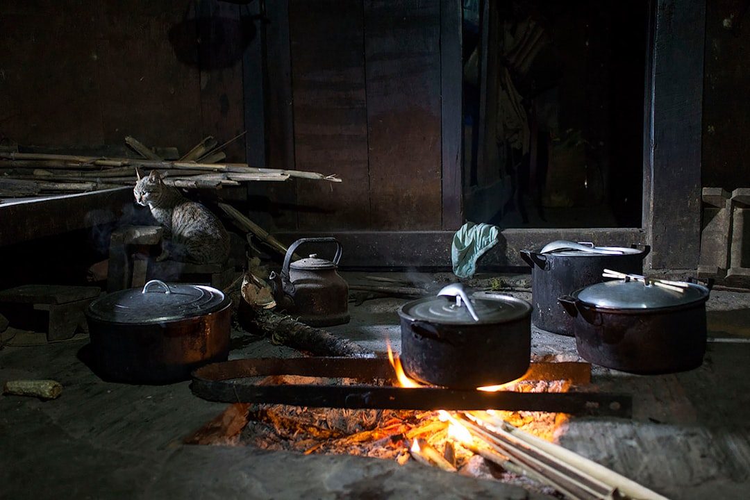 Pots cooking over a rustic open fire.