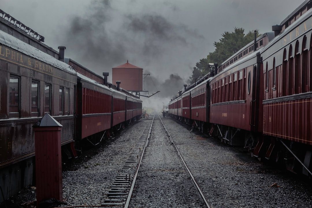 A row of red trains sitting next to each other on train tracks