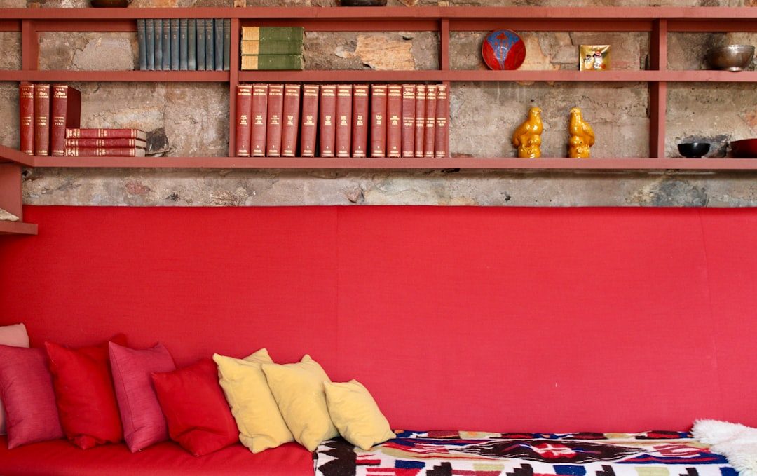 Red sofa with colorful pillows and bookshelves